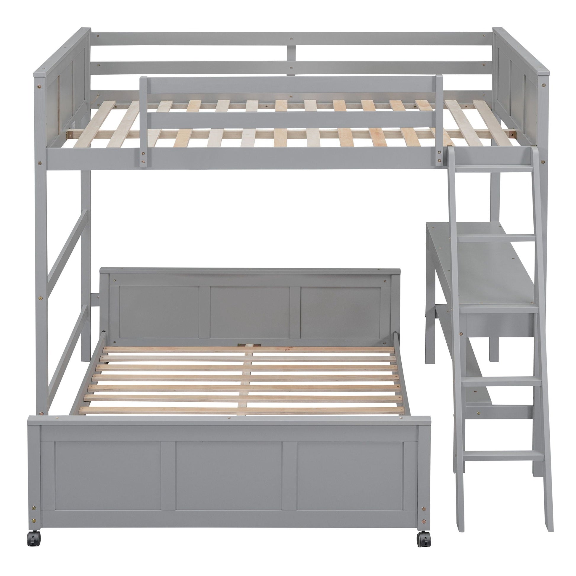 Full over full bunk bed with desk in gray finish, Unique Piece Furniture stairs and slats on Tampa Home & Garden Store
