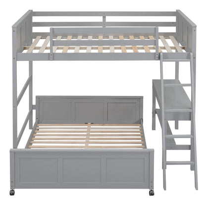 Full over full bunk bed with desk in gray finish, Unique Piece Furniture stairs and slats on Tampa Home & Garden Store