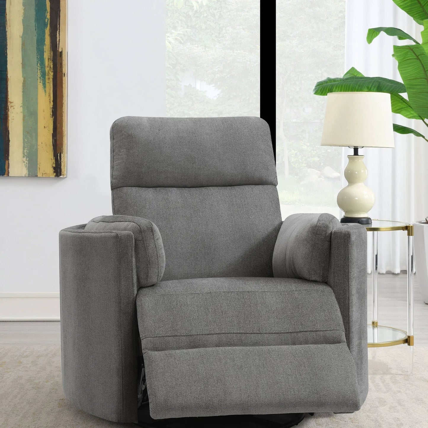 Sagen gray fabric glider recliner with swivel in a modern living room on Tampa Home & Garden Store