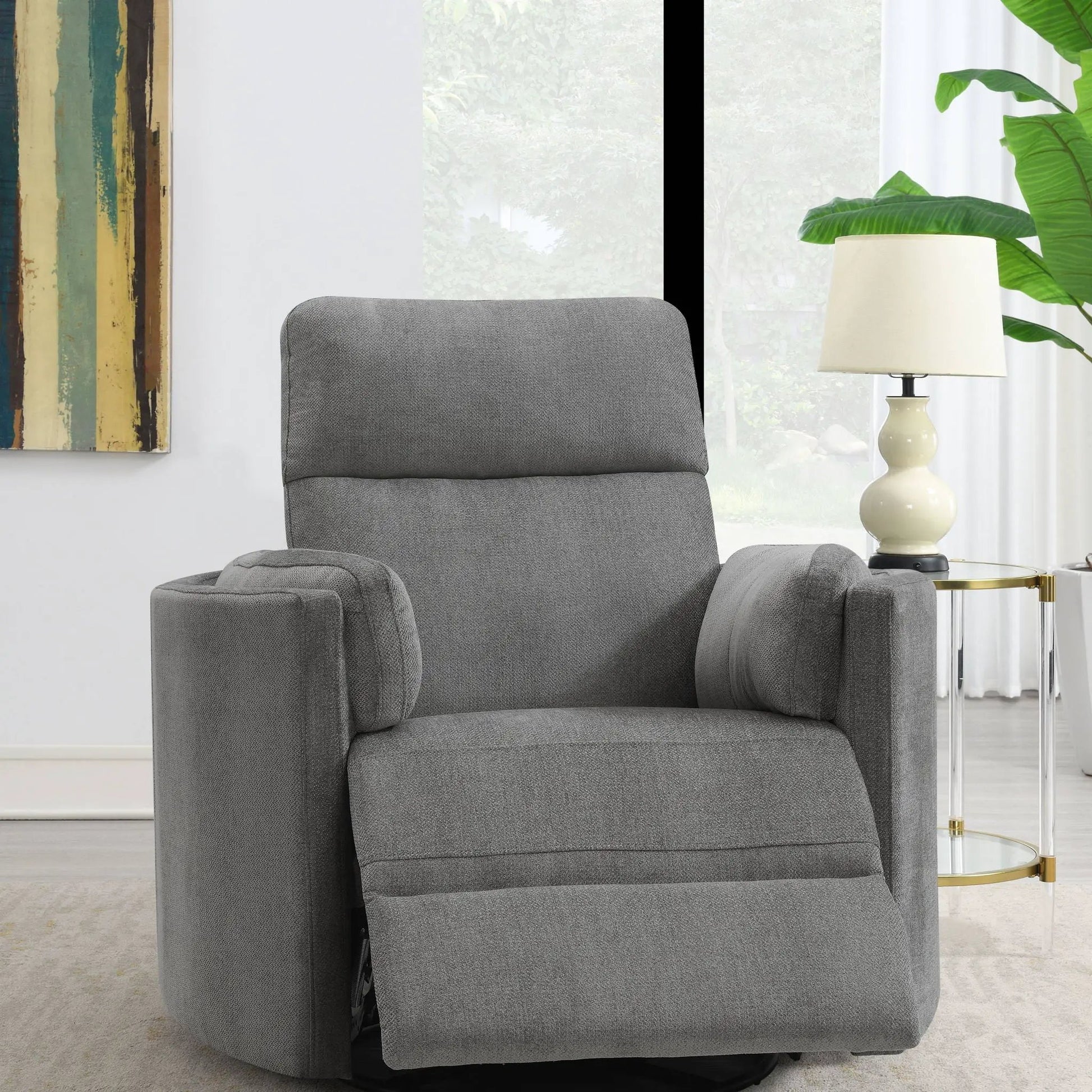 Sagen gray fabric glider recliner with swivel in a modern living room on Tampa Home & Garden Store