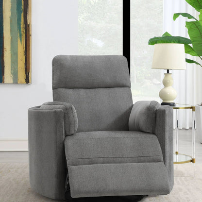 Sagen gray fabric glider recliner with swivel in a modern living room on Tampa Home & Garden Store