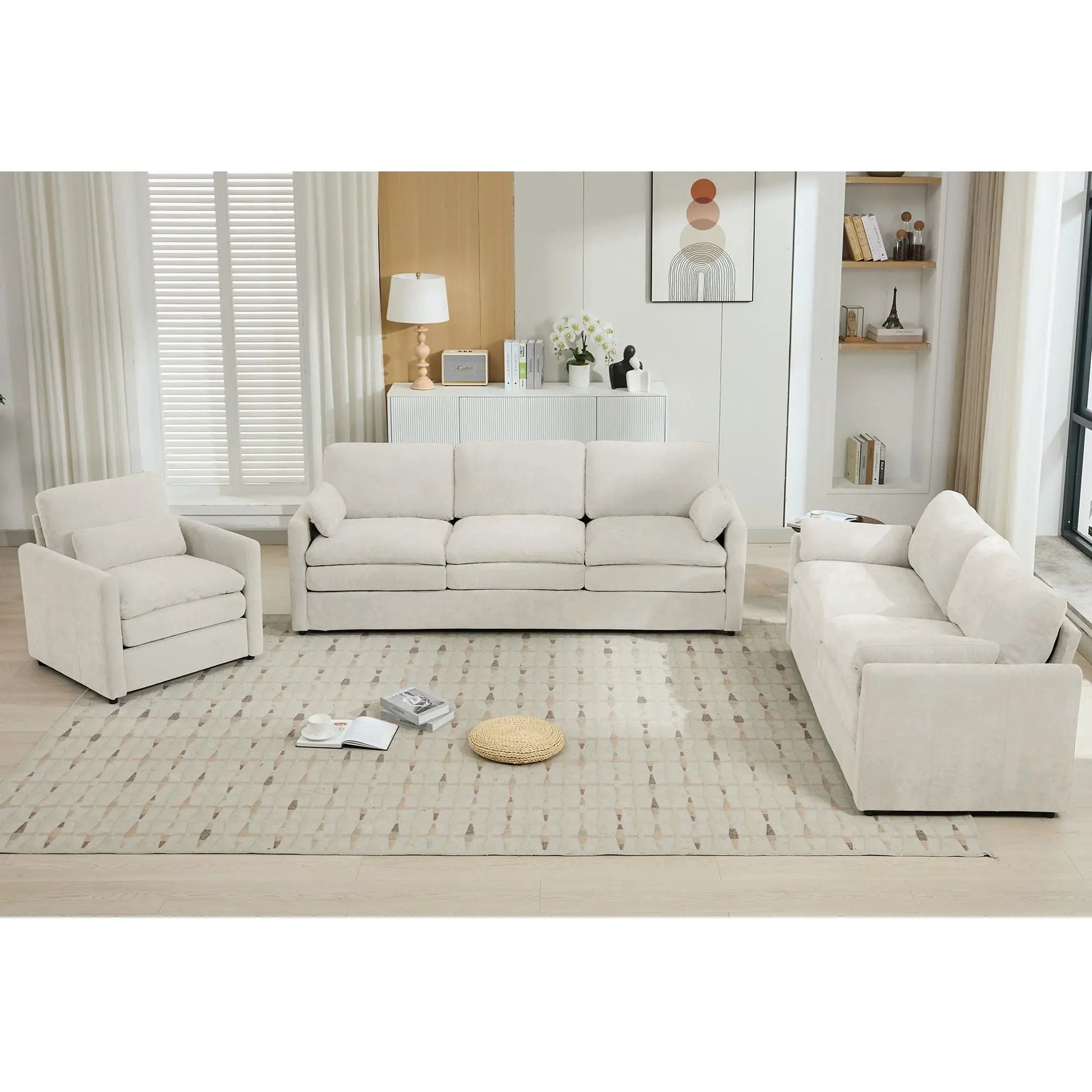 Cozy Upholstered 3-Piece Living Room Sofa Set in beige fabric by Unique Piece Furniture on Tampa Home & Garden Store