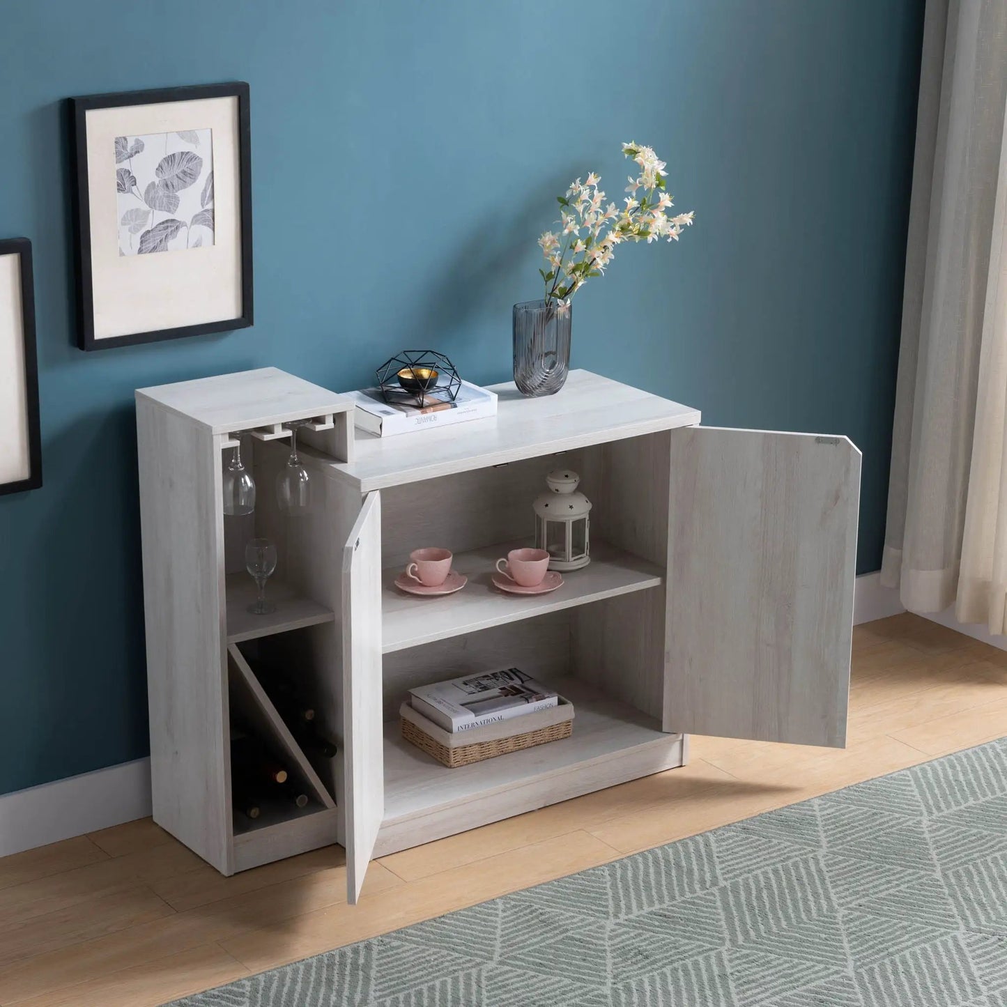 Bar Cabinet Holds 4 Wine Bottles White Oak