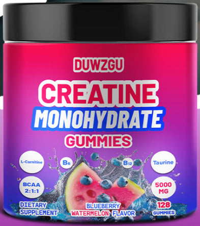 Creatine Monohydrate Gummies jar by DUWZGU, pink purple label, watermelon flavor, 128 gummies on Tampa Home & Garden Store