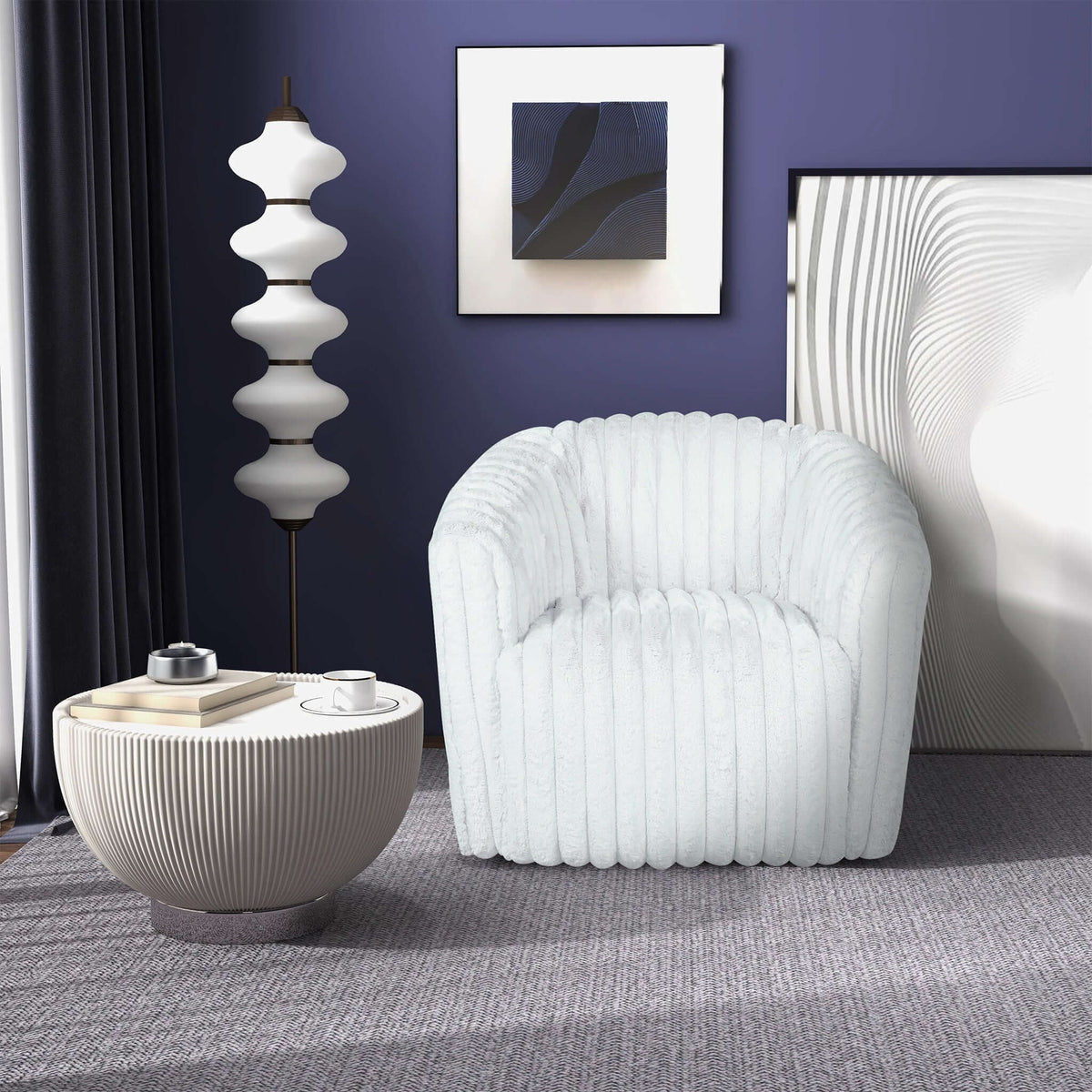 Modern Comfort Swivel Chair with channel-tufted white upholstery in a stylish living room on Tampa Home & Garden Store