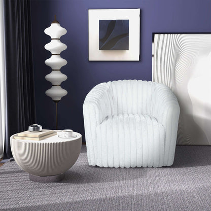 Modern Comfort Swivel Chair with channel-tufted white upholstery in a stylish living room on Tampa Home & Garden Store