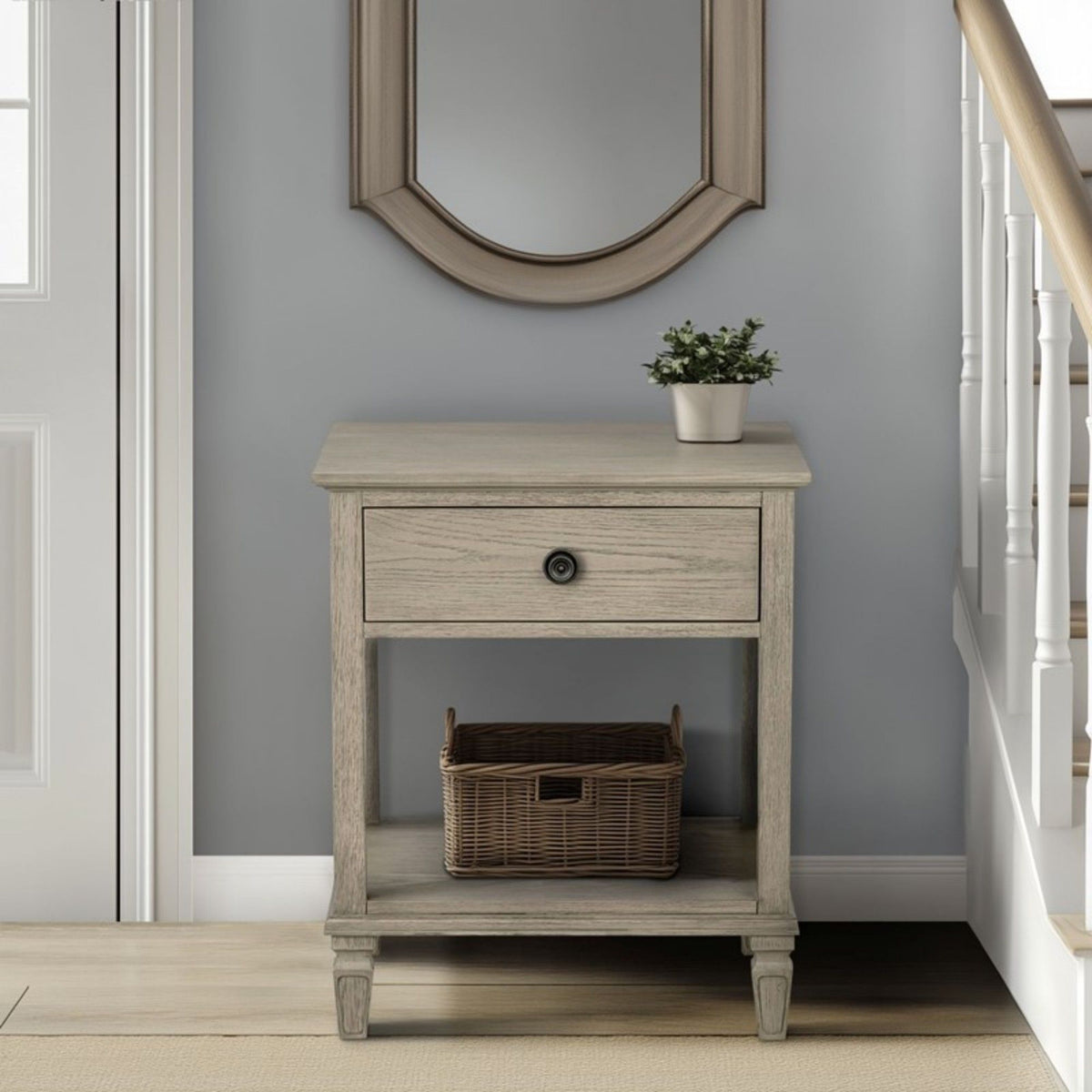 Bedside table with drawer and shelf in light wood by HouseOfZazla with plant and baskets on Tampa Home & Garden Store