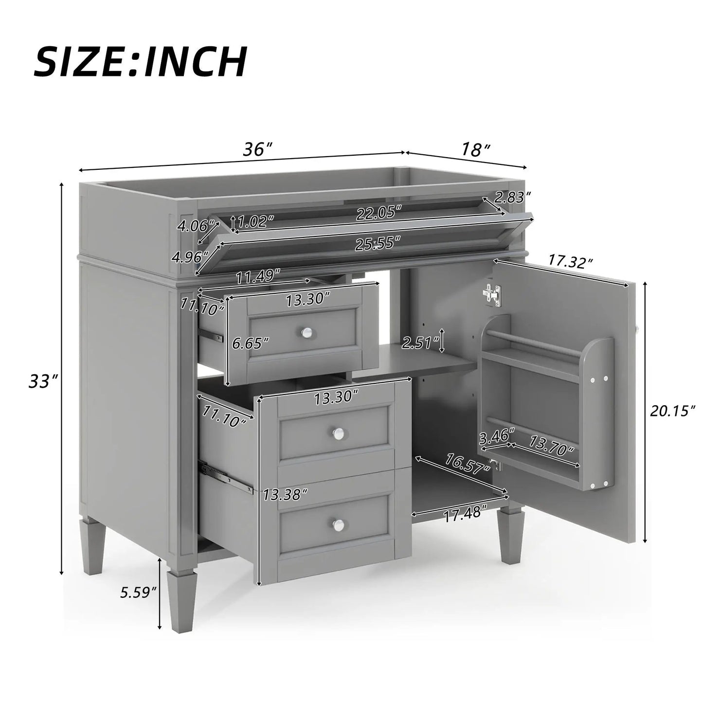 Gray bathroom vanity base with 2 drawers and a tip-out feature, storage cabinet on Tampa Home & Garden Store