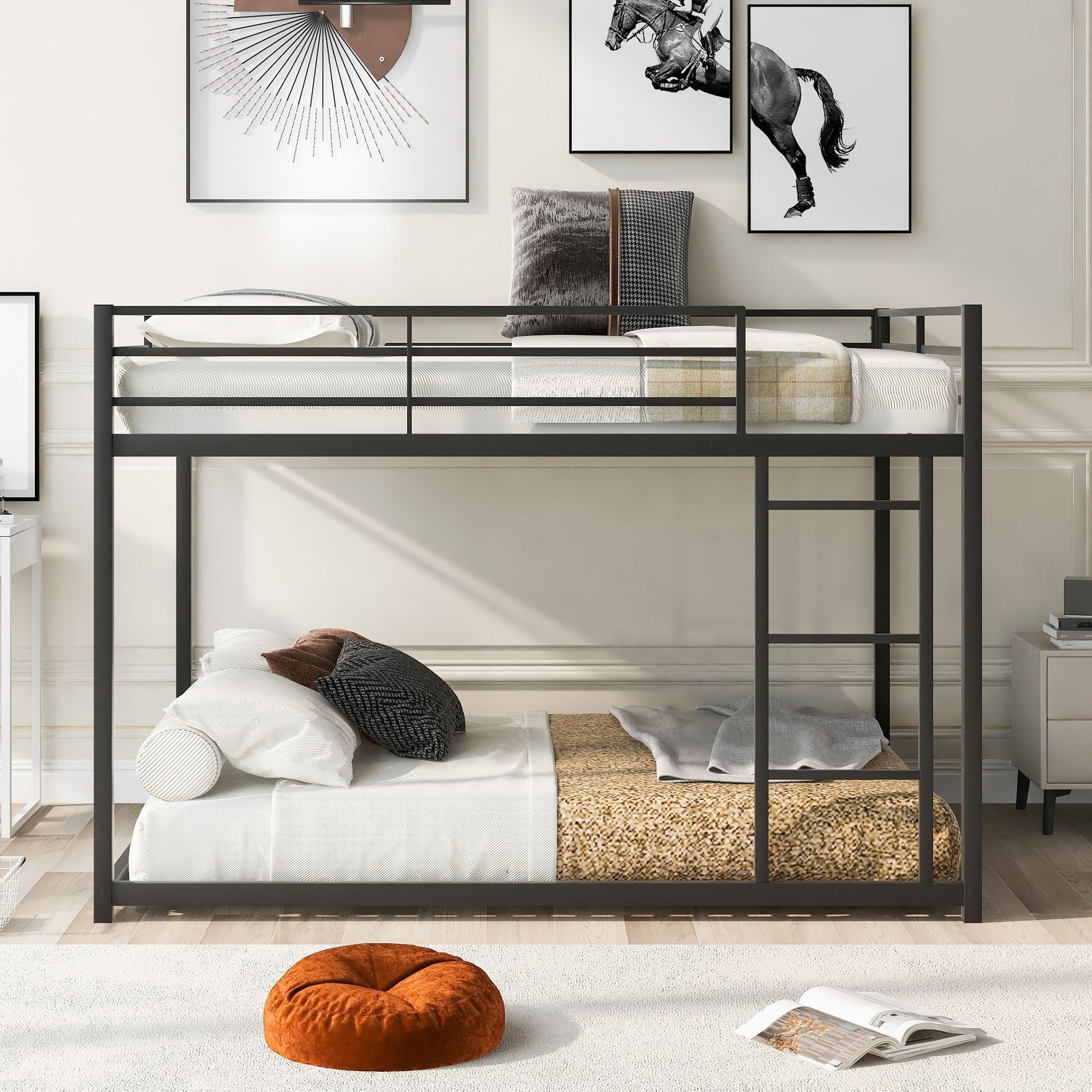 Metal bunk bed low with ladder by HouseOfZazla in dark gray finish, twin over twin bedding on Tampa Home & Garden Store