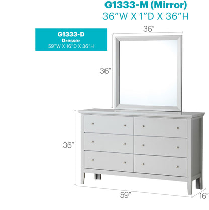 G1333-D dresser with matching G1333-M mirror, white finish, 59W x 16D x 36H on Tampa Home & Garden Store