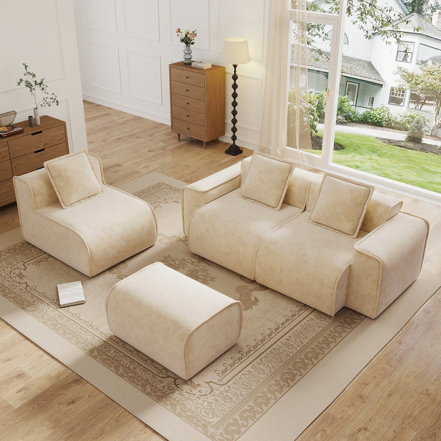 Streamlined Design modular 3-seat L-shaped sofa by HouseOfZazla in beige fabric in living room on Tampa Home & Garden Store