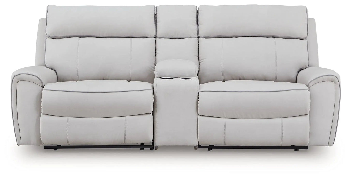 Social Pointe reclining sectional in light gray upholstery with center console and cupholders on Tampa Home & Garden Store