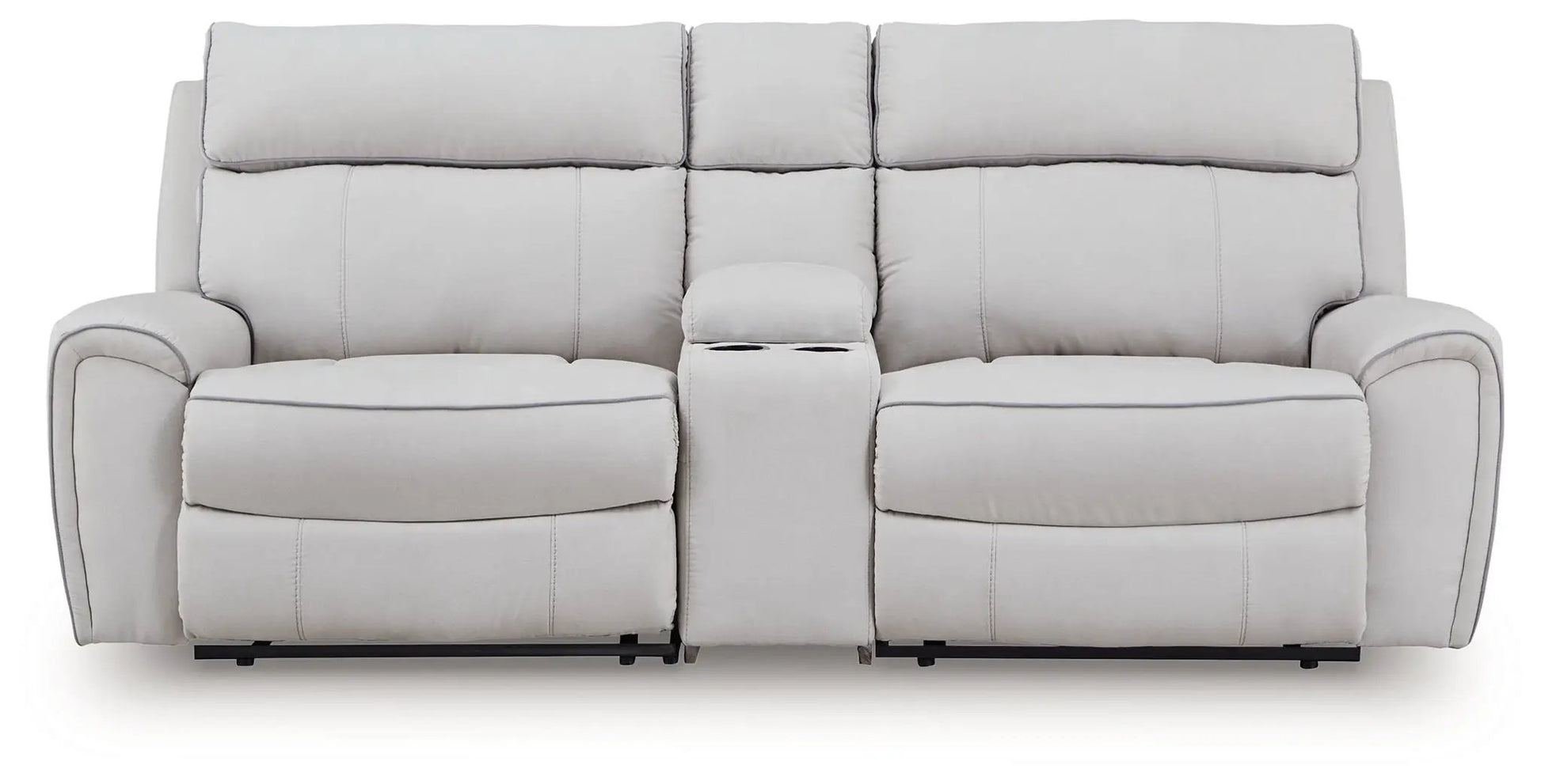 Social Pointe reclining sectional in light gray upholstery with center console and cupholders on Tampa Home & Garden Store