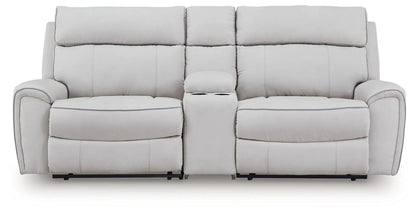 Social Pointe reclining sectional in light gray upholstery with center console and cupholders on Tampa Home & Garden Store