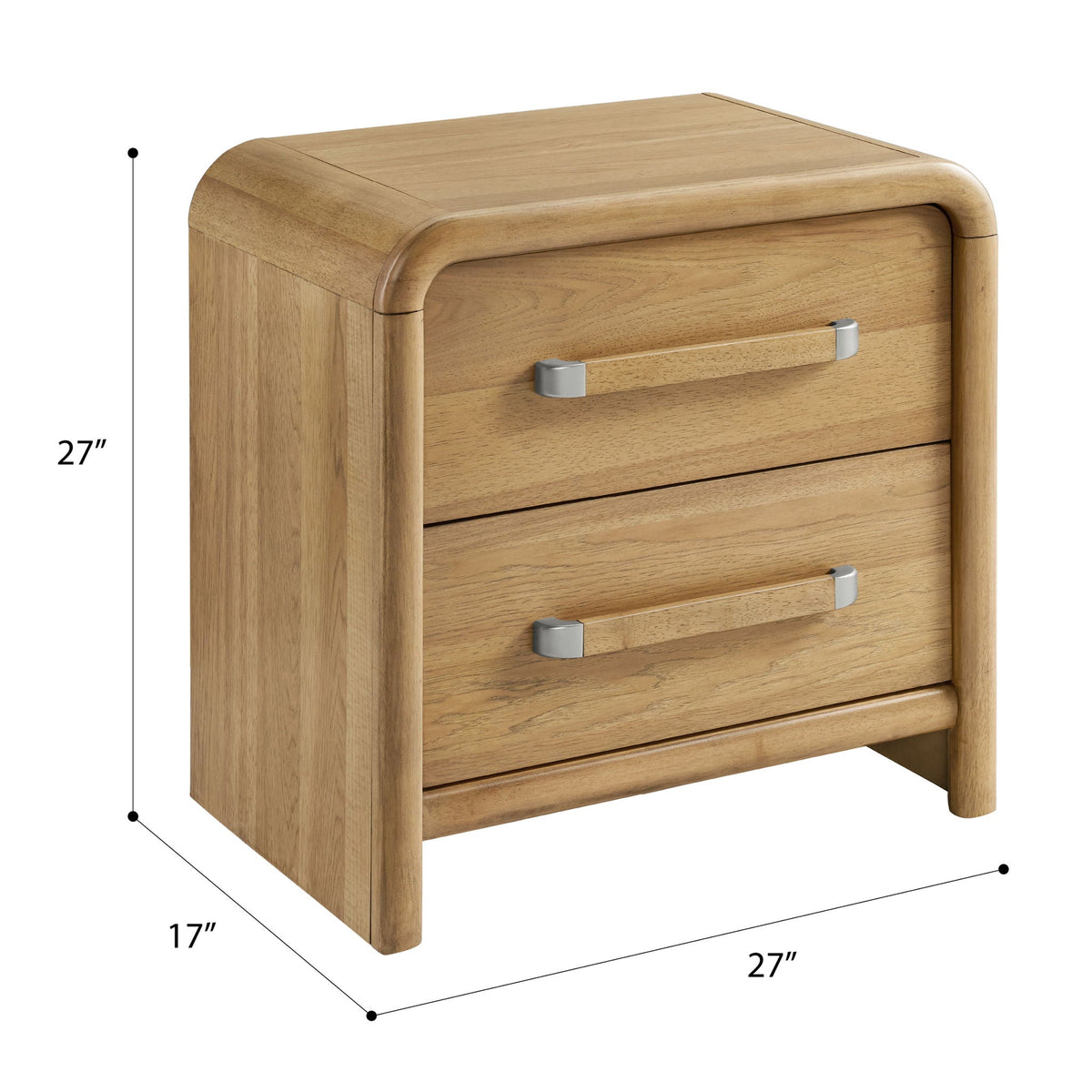 2 Drawer Nightstand with USB Charging in Brown wood finish, rounded edges, silver handles on Tampa Home & Garden Store