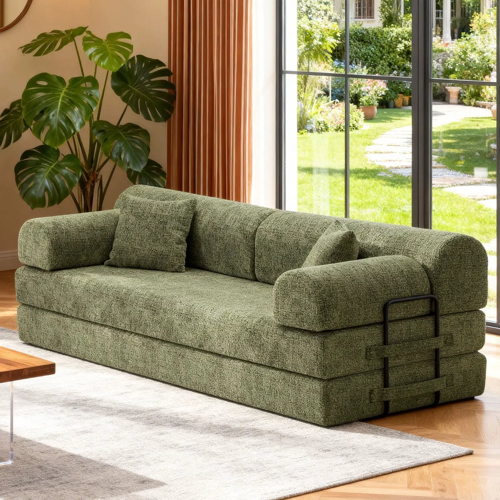 Modern 2 Tone Fabric Convertible Sleeper Sofa Bed futon in green fabric with black rails on Tampa Home & Garden Store