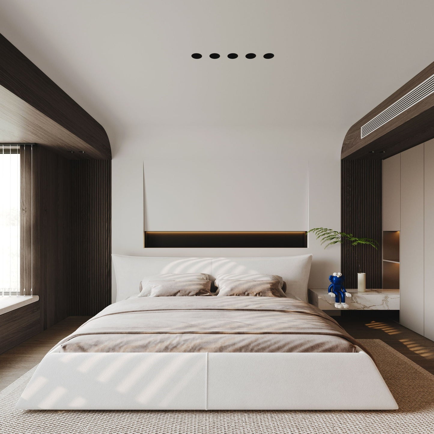Upholstered platform bed with a white curved headboard and taupe bedding in a modern bedroom on Tampa Home & Garden Store