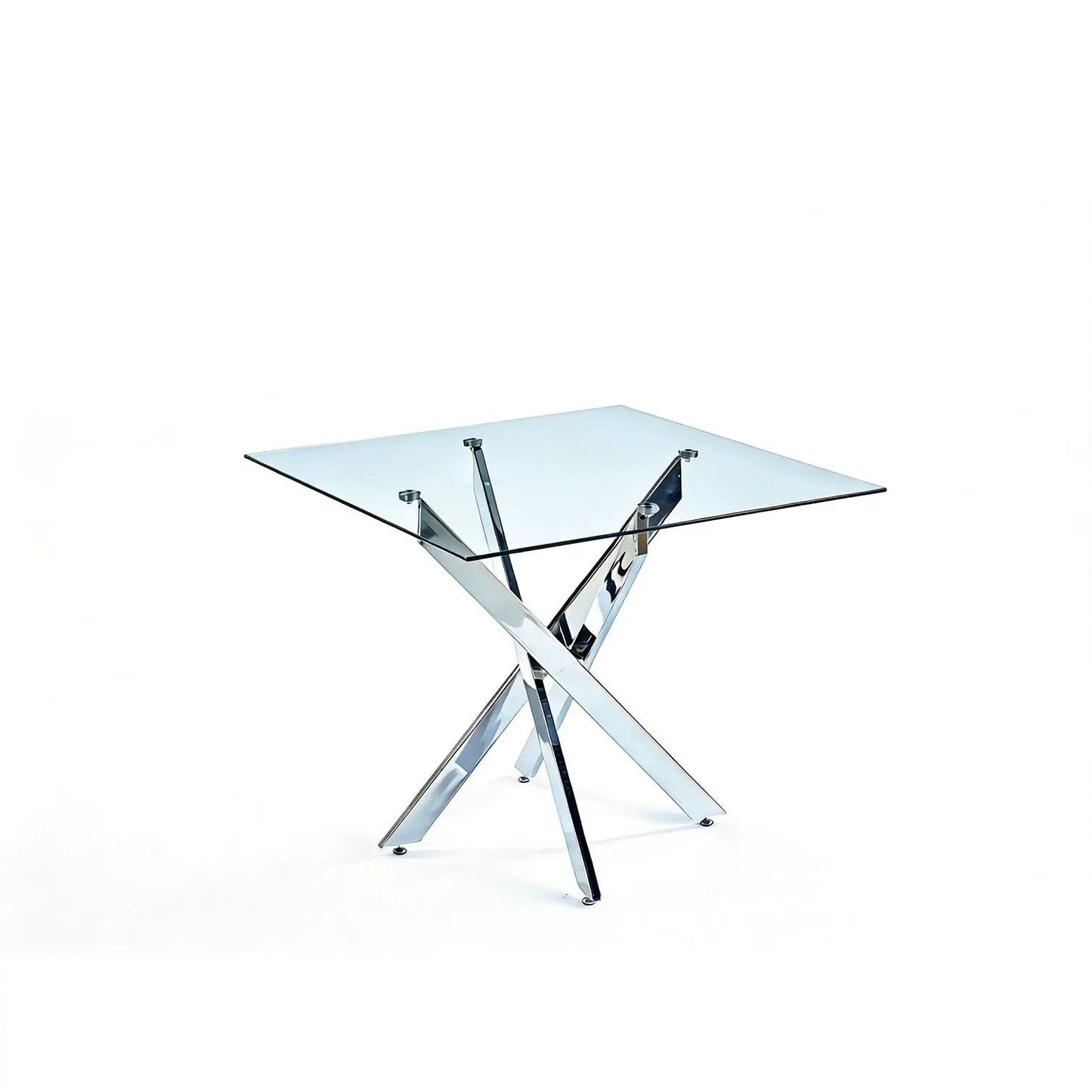 Dining table with square tempered glass top and cross chrome metal legs by Unique Piece Furniture on Tampa Home & Garden Store