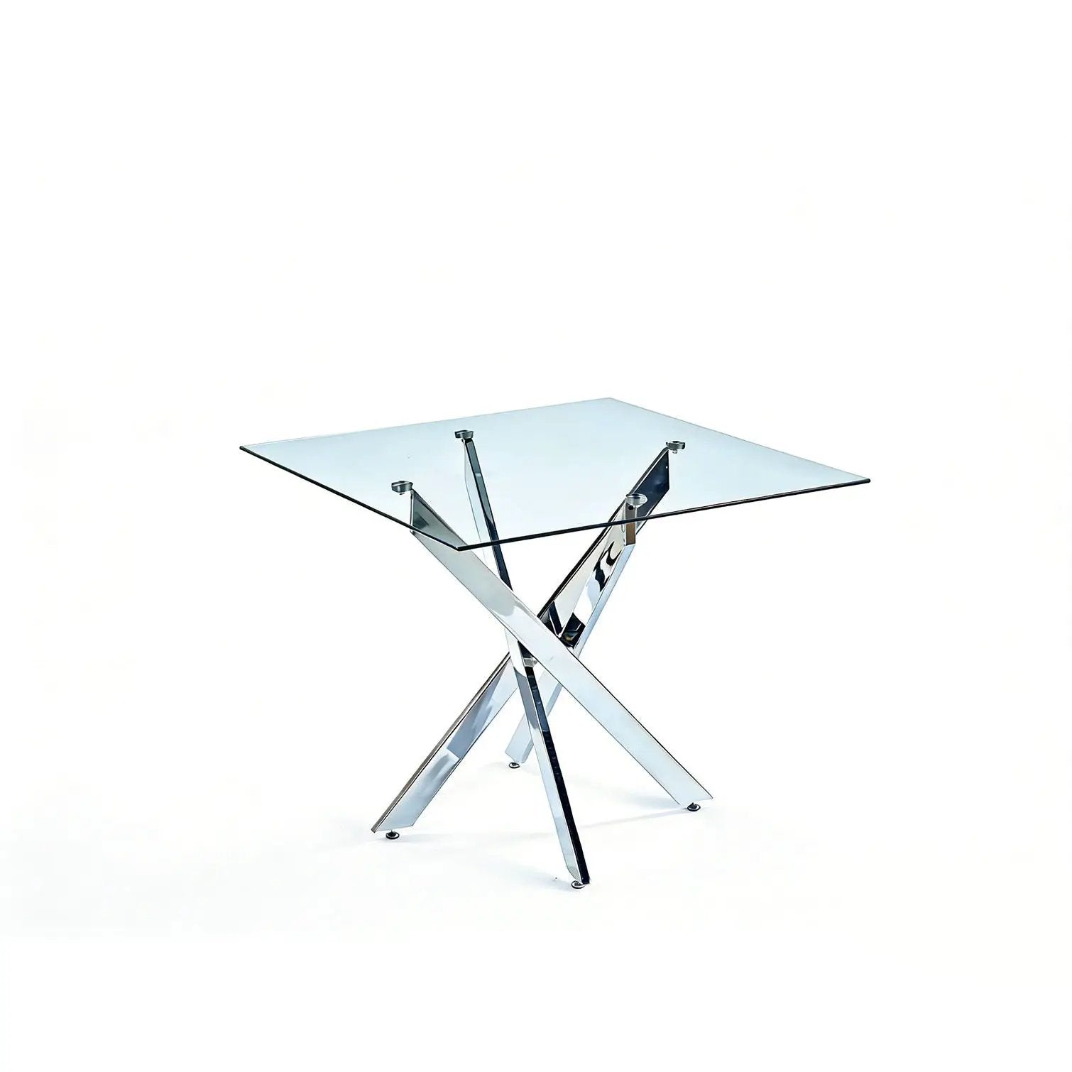 Dining table with square tempered glass top and cross chrome metal legs by Unique Piece Furniture on Tampa Home & Garden Store