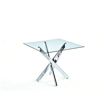 Dining table with square tempered glass top and cross chrome metal legs by Unique Piece Furniture on Tampa Home & Garden Store