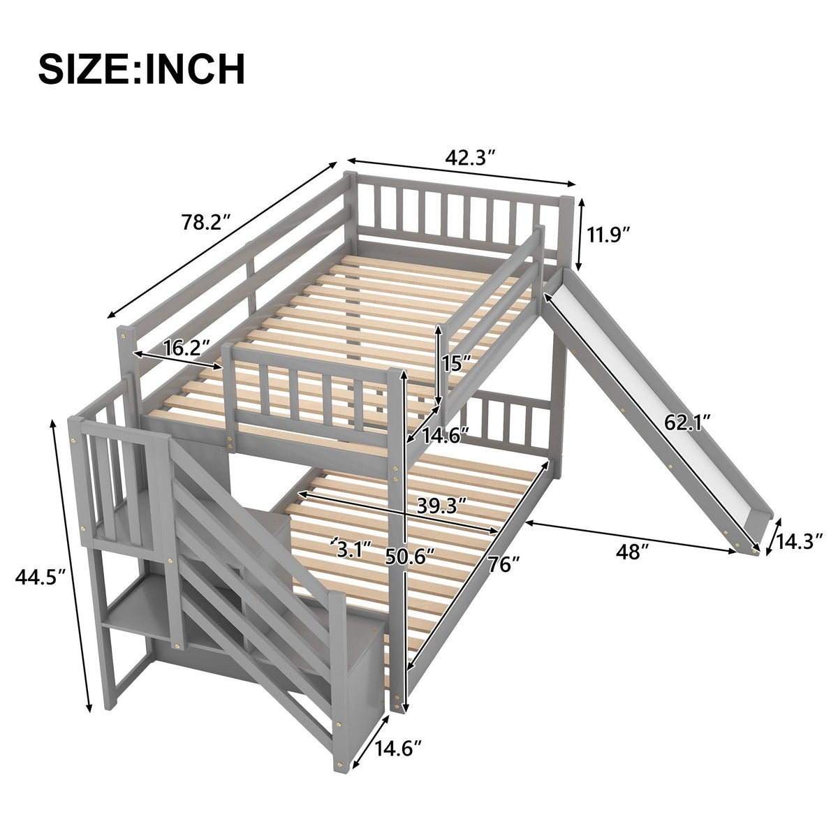 Bunk bed with convertible slide and stairway in gray finish, slatted bunks, HouseOfZazla on Tampa Home & Garden Store
