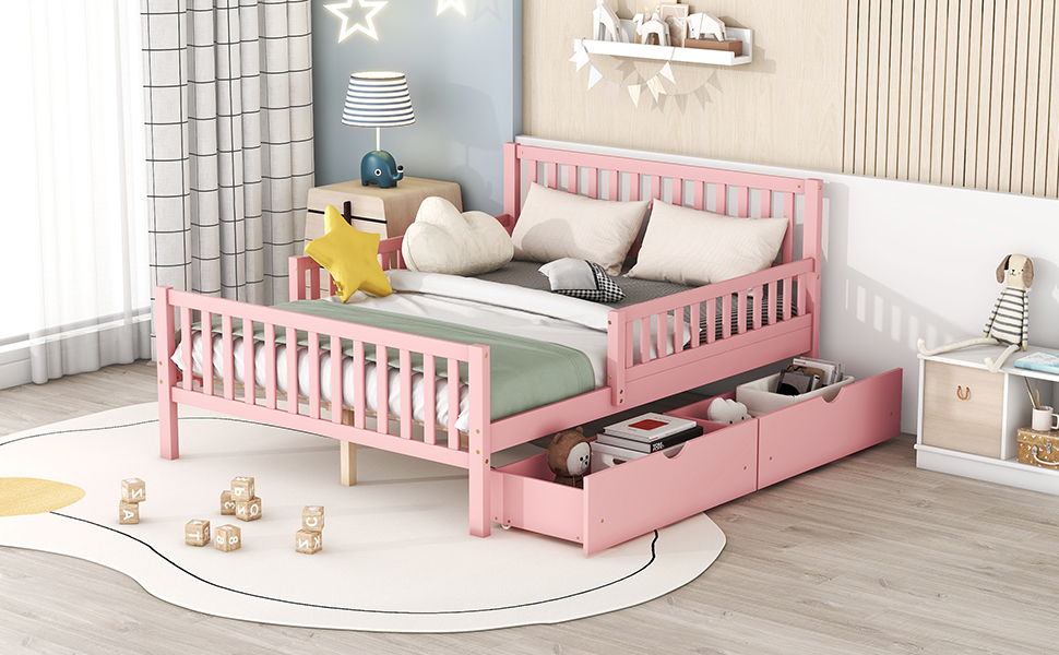 Pink wooden platform bed with guardrails on both sides and 2 storage drawers HouseOfZazla on Tampa Home & Garden Store