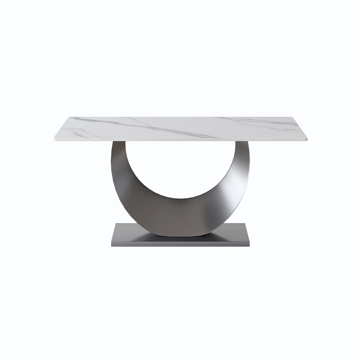 Modern artificial stone dining table with white marble top and crescent-shaped metal legs on Tampa Home & Garden Store