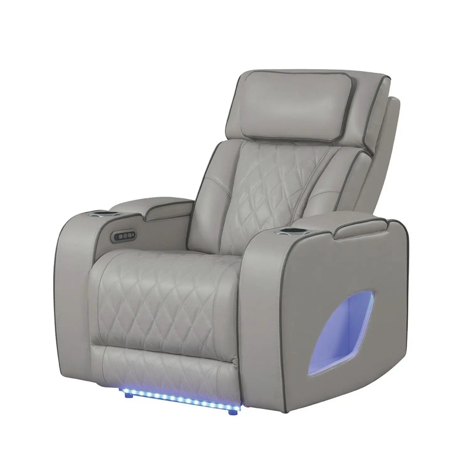 Fortuner power reclining chair, gray leather with cup holders and blue LED glow on Tampa Home & Garden Store