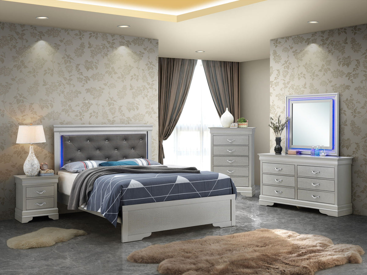 LED Elegant Bed: gray tufted upholstered bed with LED lighting in wallpapered bedroom by HouseOfZazla on Tampa Home & Garden Store