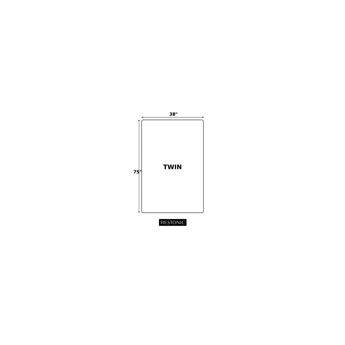 Twin size mattress diagram showing 38" width x 75" length with Restonic branding on Tampa Home & Garden Store