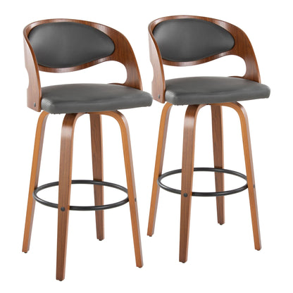 Mid-century barstool pair with swivel footrests, dark gray cushions, curved wood frames on Tampa Home & Garden Store