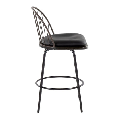 Riley Claire counter stool set 2 with swivel, dark metal frame, curved back, black cushion seat on Tampa Home & Garden Store