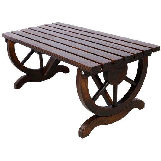 Rustic wooden bench with wagon wheel legs, brown slatted top for garden or patio on Tampa Home & Garden Store