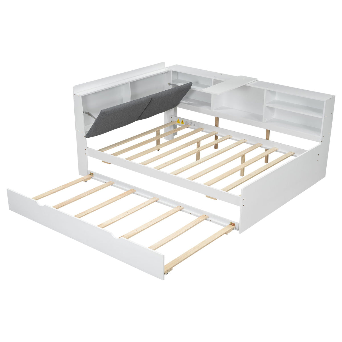 White platform bed with trundle and storage headboard shelves, HouseOfZazla slatted base on Tampa Home & Garden Store
