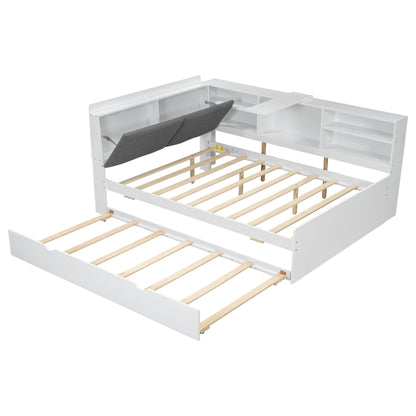 White platform bed with trundle and storage headboard shelves, HouseOfZazla slatted base on Tampa Home & Garden Store
