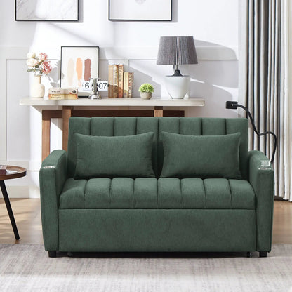 Green fabric convertible sofa bed loveseat with tufted cushions in living room on Tampa Home & Garden Store