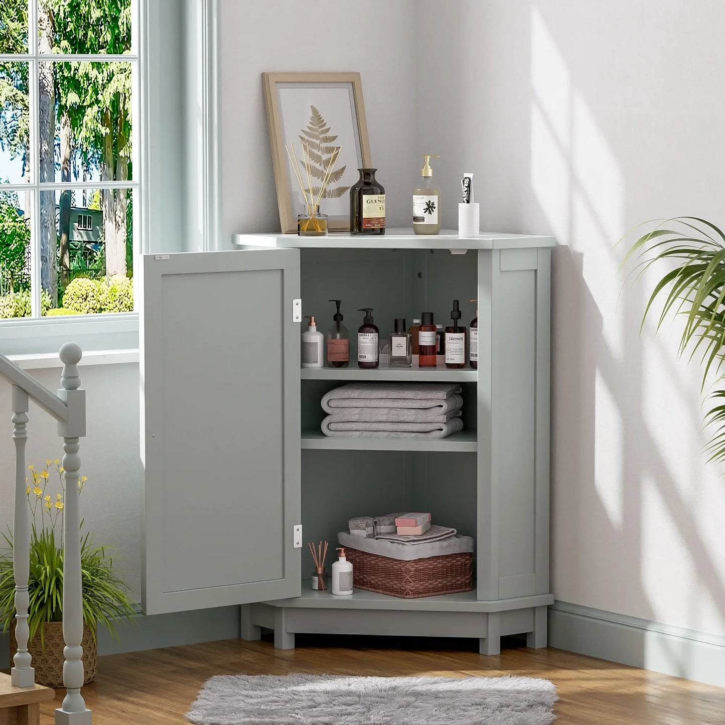 Triangle corner linen cabinet sage gray with adjustable shelf by Unique Piece Furniture on Tampa Home & Garden Store