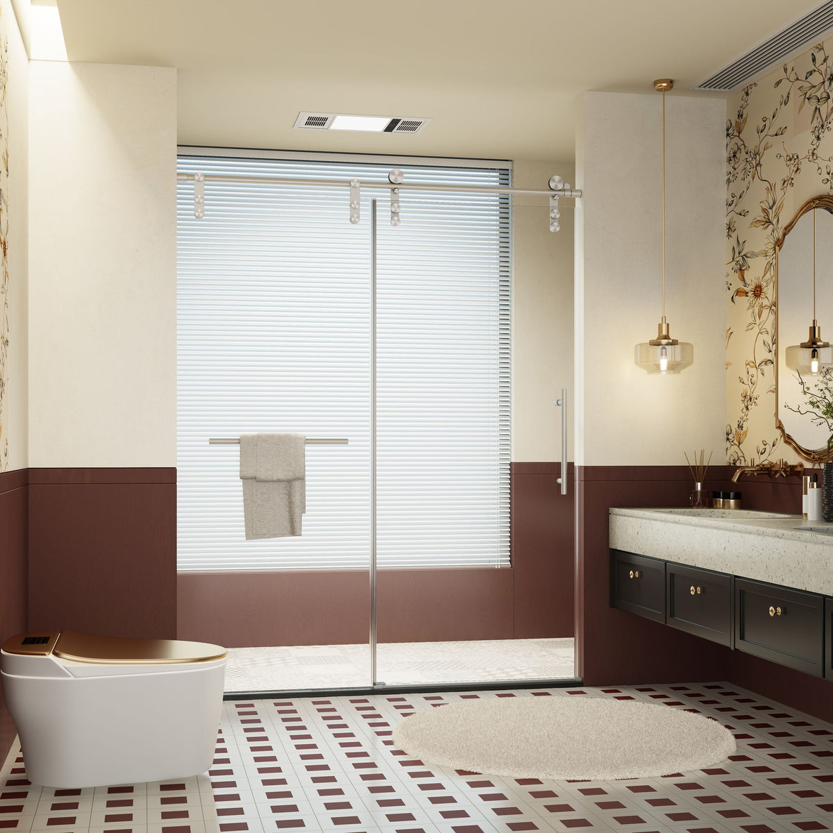 Frameless single sliding shower doors with towel rail & handle in a modern bathroom on Tampa Home & Garden Store