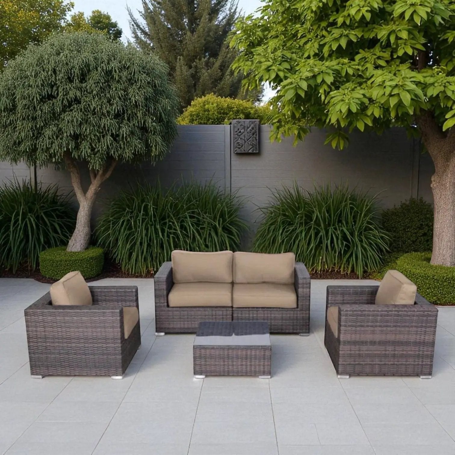 Stylish outdoor 3-piece sectional set with woven wicker frames and beige cushions on Tampa Home & Garden Store