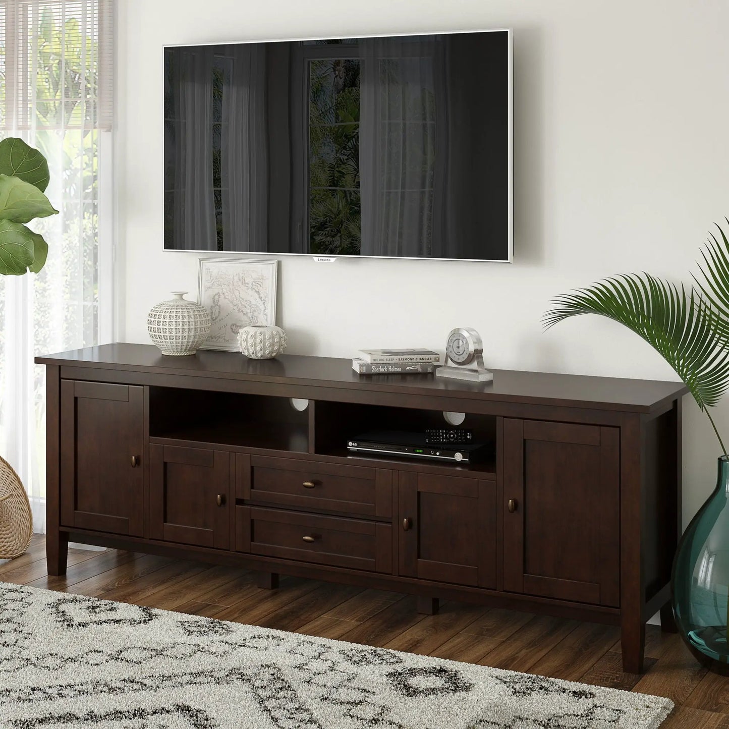 Warm Shaker TV media stand in dark wood with drawers and open shelves Samsung TV on Tampa Home & Garden Store