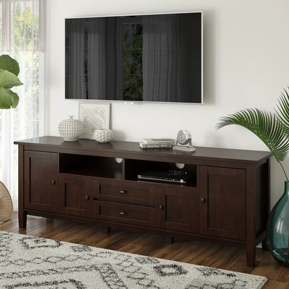 Warm Shaker TV media stand in dark wood with drawers and open shelves Samsung TV on Tampa Home & Garden Store