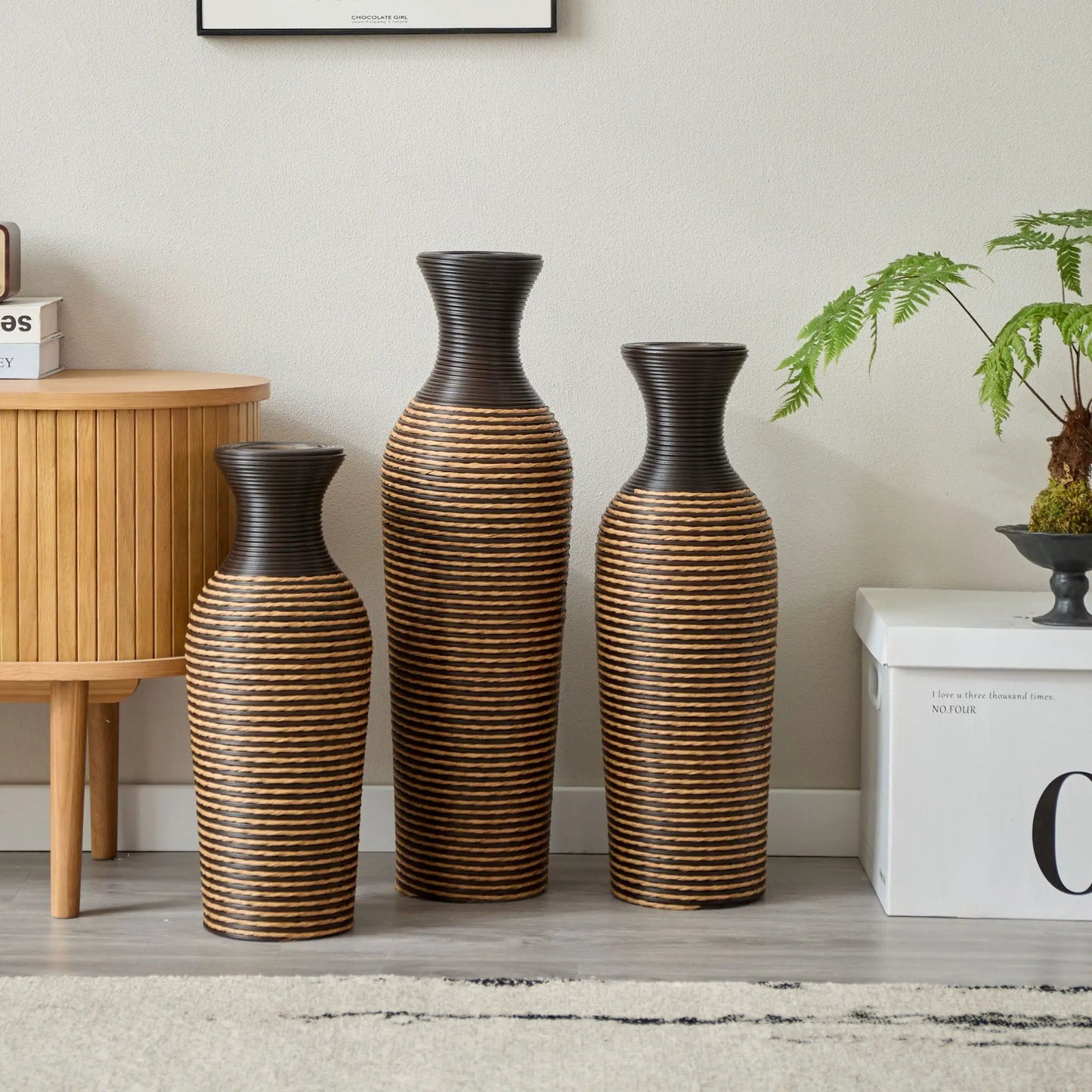 Floor vases set of 3 in dark brown, woven with straw bands by Unique Piece Furniture on Tampa Home & Garden Store