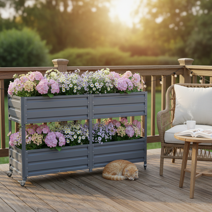 HouseOfZazla dual-tier metal raised garden bed on lockable wheels, grey, pink blooms on deck on Tampa Home & Garden Store