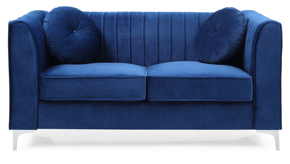 Glam Styled Micro Suede Loveseat with Channel Quilting in blue velvet bolster pillows on Tampa Home & Garden Store