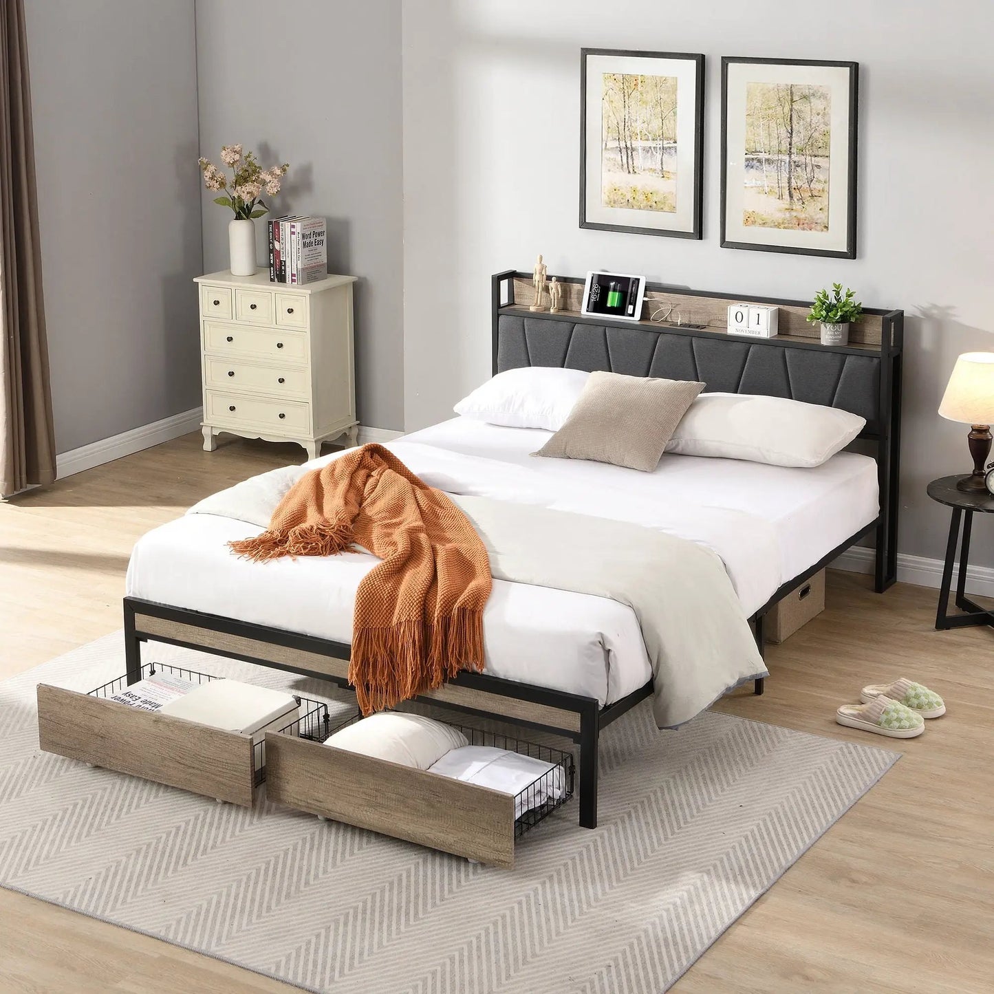 Led Bed Frame With Usb Charging and Storage