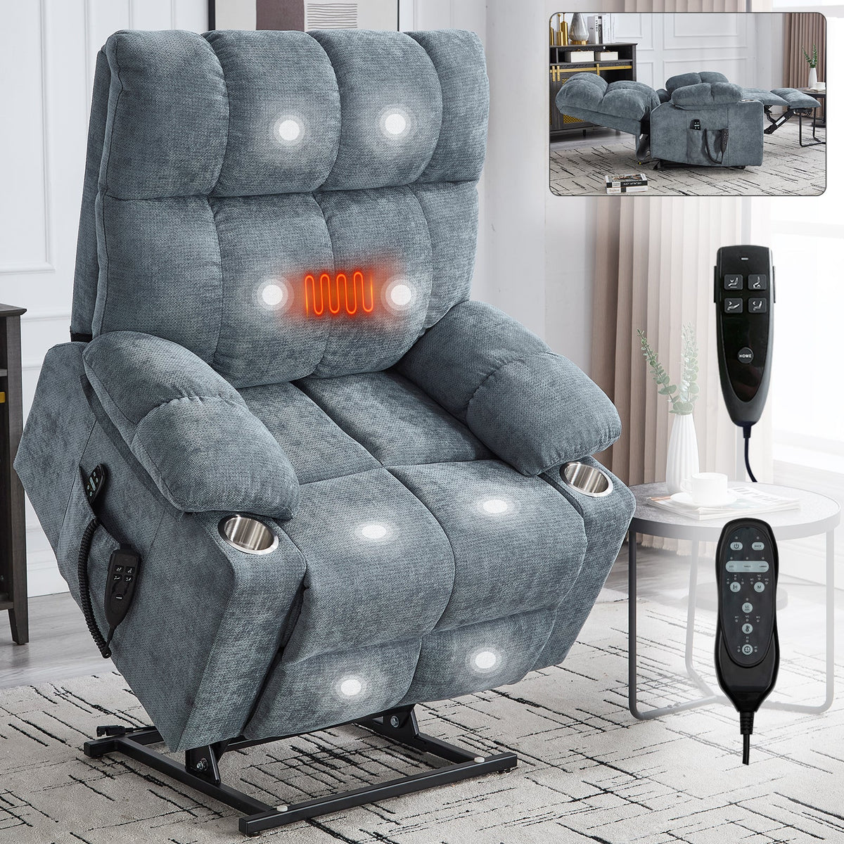 Grey chenille power lift recliner chair by HouseOfZazla with heating and cup holders on Tampa Home & Garden Store