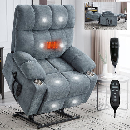 Grey chenille power lift recliner chair by HouseOfZazla with heating and cup holders on Tampa Home & Garden Store