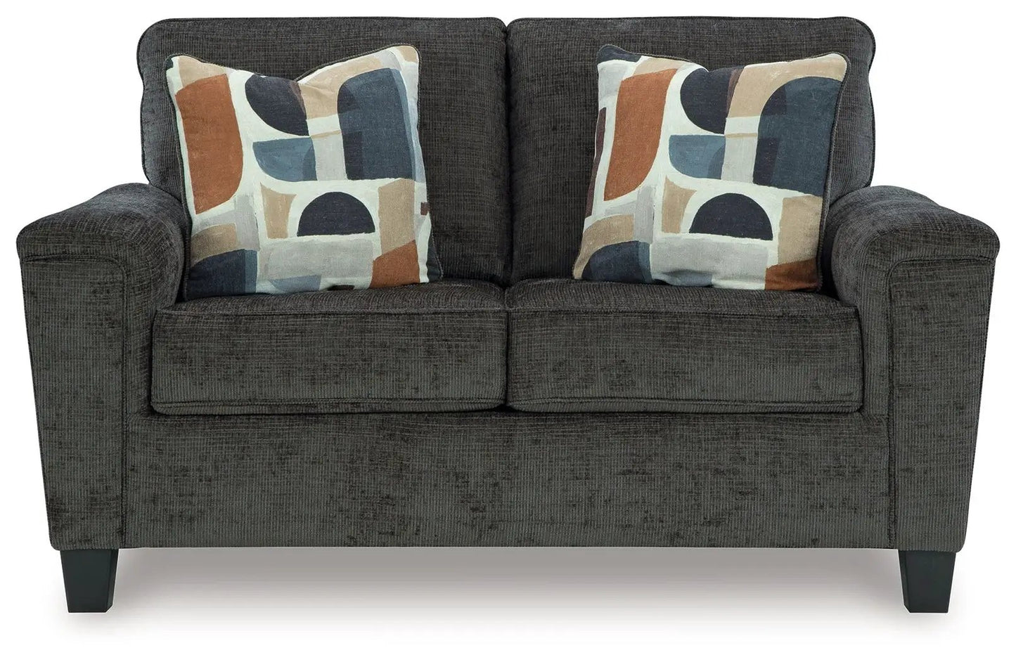Erinslane Living Room Set stationary chair & ottoman in dark gray fabric with bold pillows on Tampa Home & Garden Store