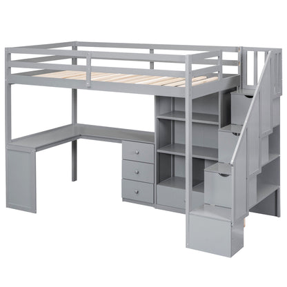 Loft bed with L-shaped desk, drawers, cabinet and storage staircase in gray by HouseOfZazla on Tampa Home & Garden Store