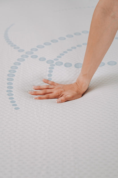 8-inch memory foam mattress by HouseOfZazla with blue dot pattern, hand pressing surface on Tampa Home & Garden Store